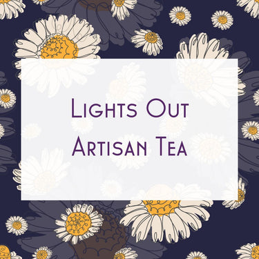A floral background with white and yellow daisies surrounds a white rectangle featuring Lights Out – The Herbal Lullaby Your Brain’s Been Waiting For 🌙😴💤, ideal for anyone seeking a calming or soothing herbal sleep tea.